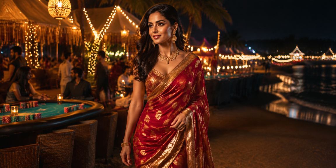 Indian woman in saree enjoying cricket betting